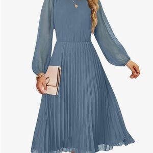 Elegant Baby Blue Chiffon Dress Pleated Long Sleeves